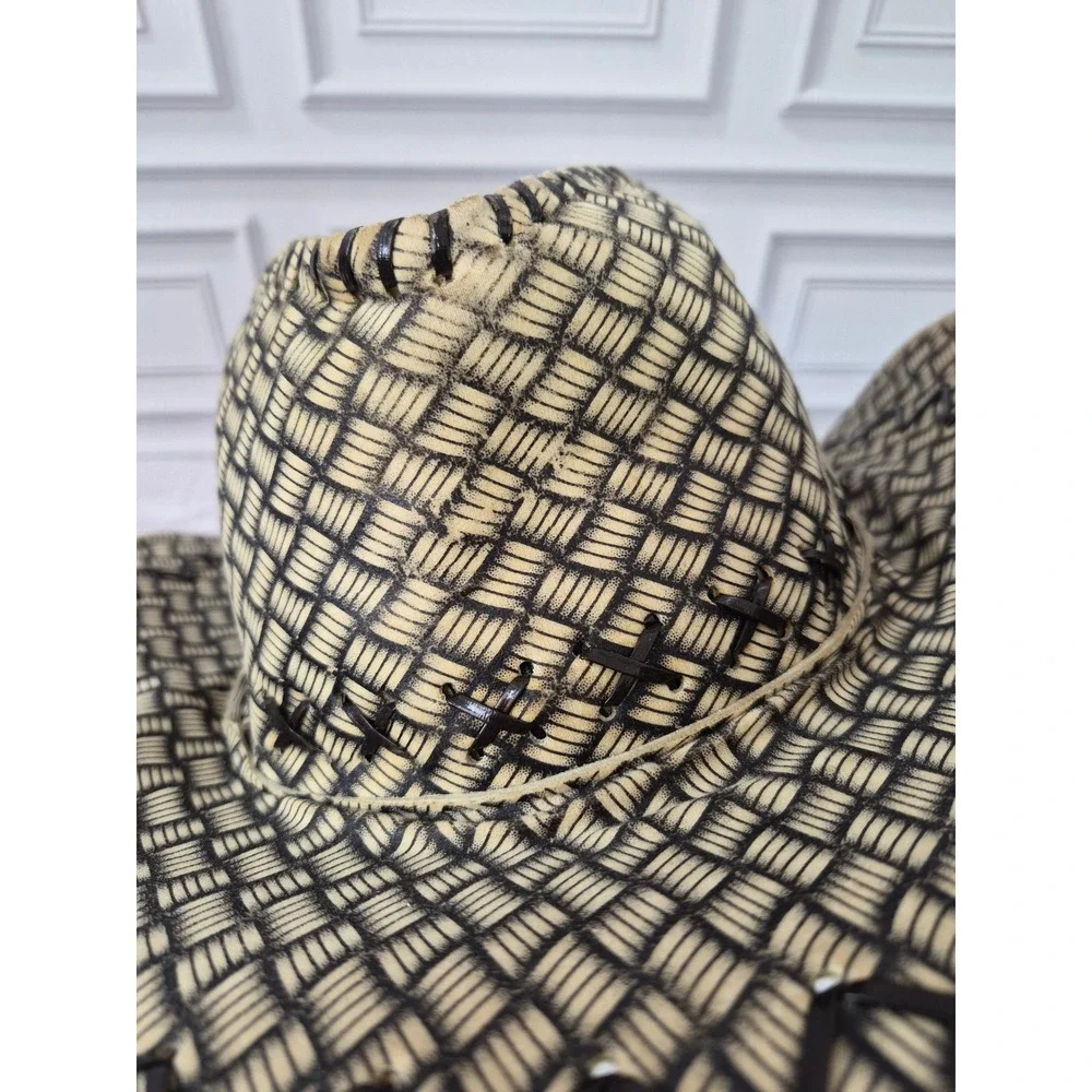 Mens Woven Straw Cowboy Hat Tan Black Wide Brim Western Sun Hat with Chin Strap